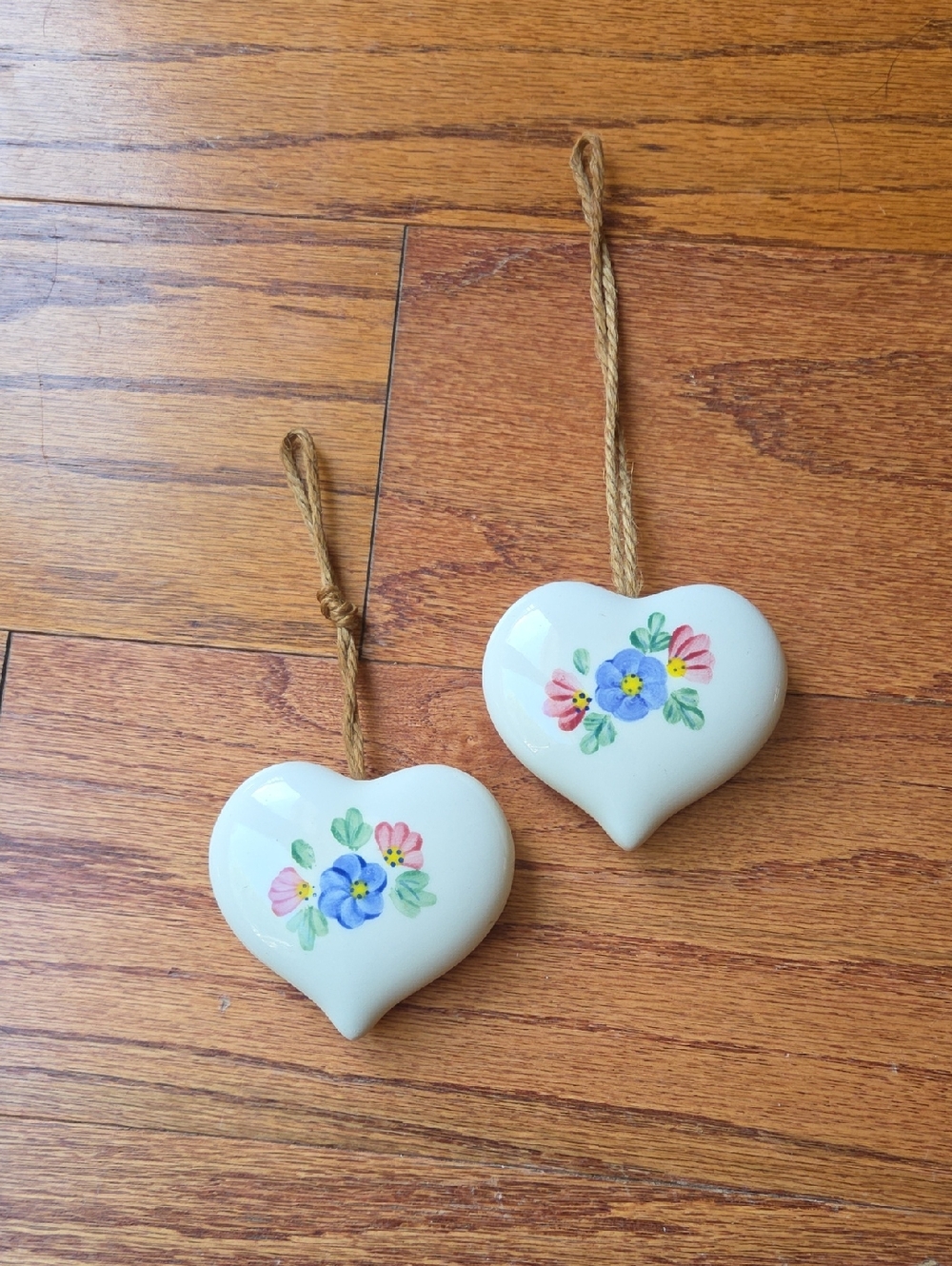 Cream Ceramic Heart Ornaments with Hand-Painted Floral Design - Set of 2